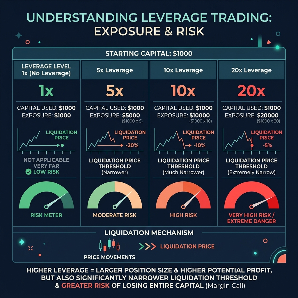 Leverage trading mechanics: $1000 capital with 1x, 5x, 10x, 20x exposure and narrowing liquidation thresholds