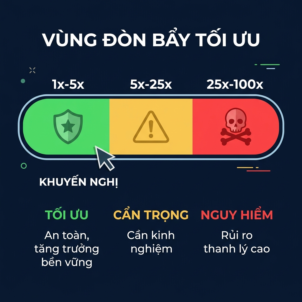 Hình ảnh minh họa vùng đòn bẩy tối ưu: 1-5x là vùng xanh lý tưởng, 5-25x là vùng vàng cần cẩn trọng, và 25-100x là vùng đỏ cực kỳ nguy hiểm