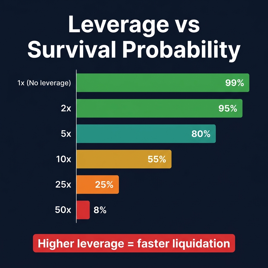 Leverage levels mapped against estimated survival probability over 100 trades