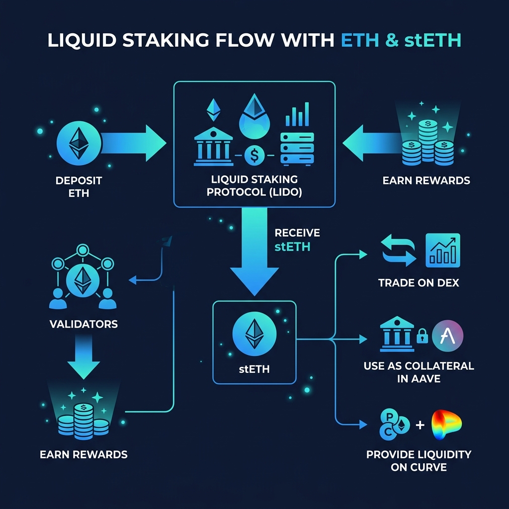 Liquid Staking Flow — Deposit ETH, receive stETH, use in DeFi while earning yield