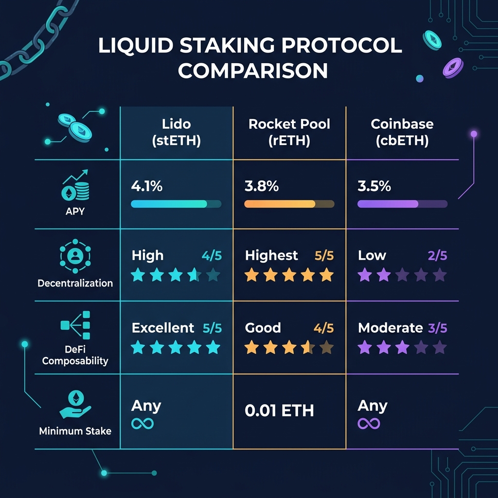 So sánh Liquid Staking — Lido, Rocket Pool, Coinbase về APY và decentralization