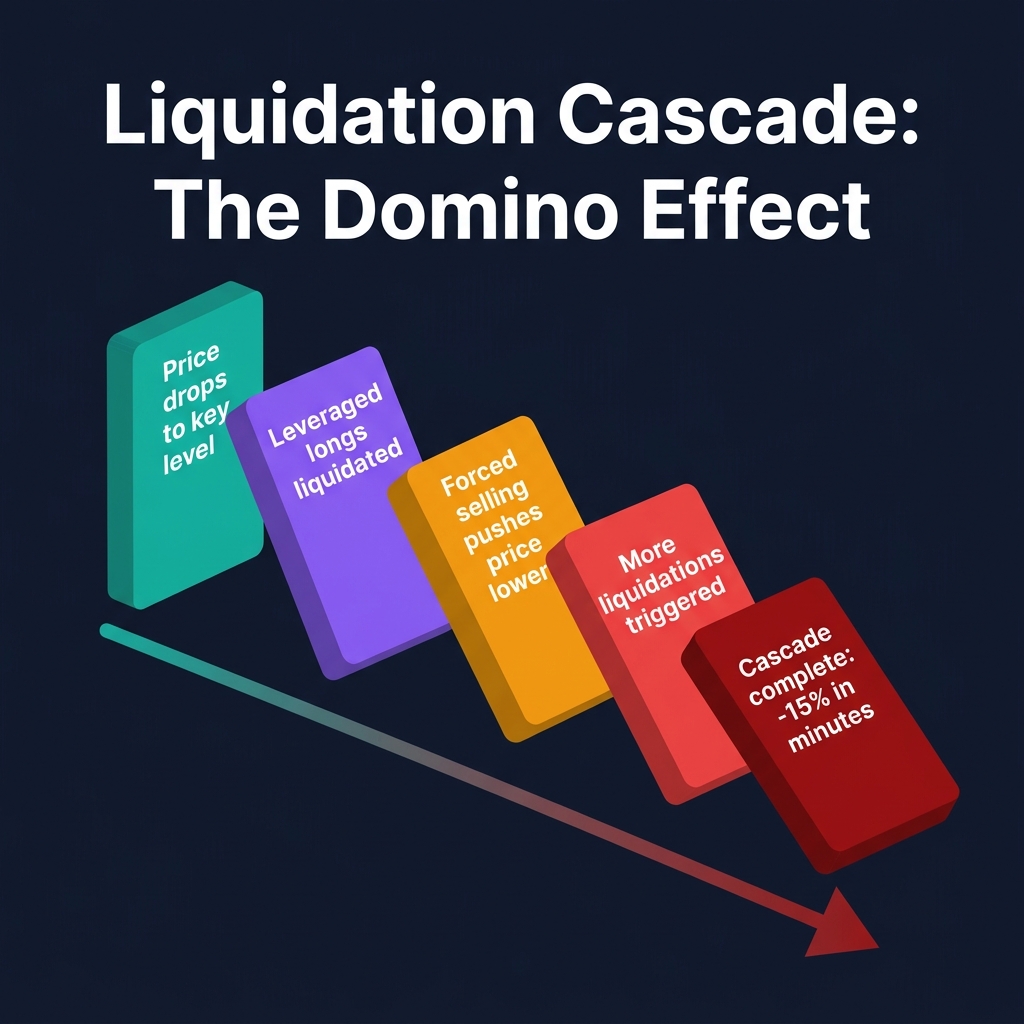 Liquidation cascade effect: Small price drop triggers leveraged liquidations creating a price waterfall