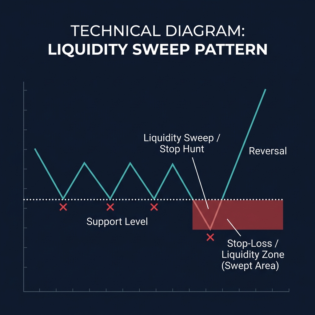 Liquidity sweep pattern showing stop hunt below equal lows before sharp reversal upward