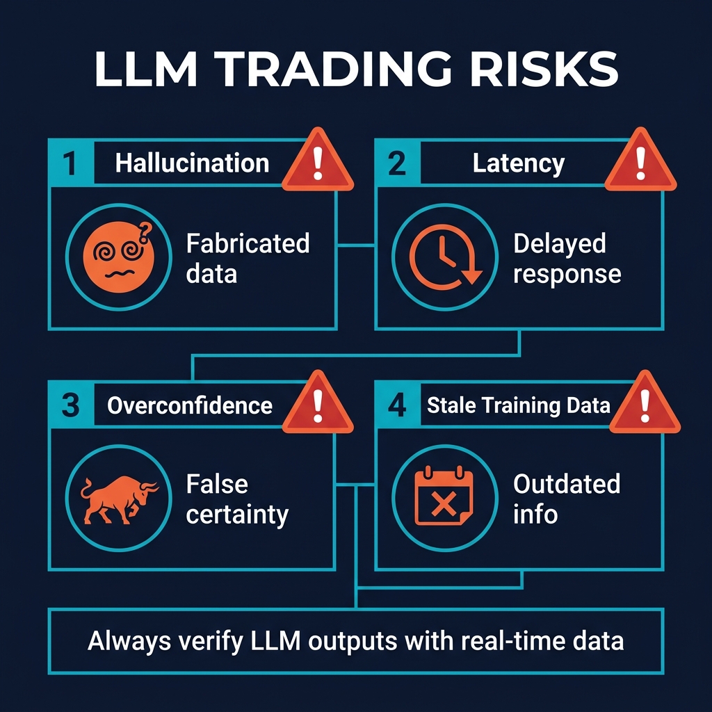 LLM trading risks: Hallucination (fabricated data), Latency (delayed response), Overconfidence (false certainty), Stale Training Data (outdated info)