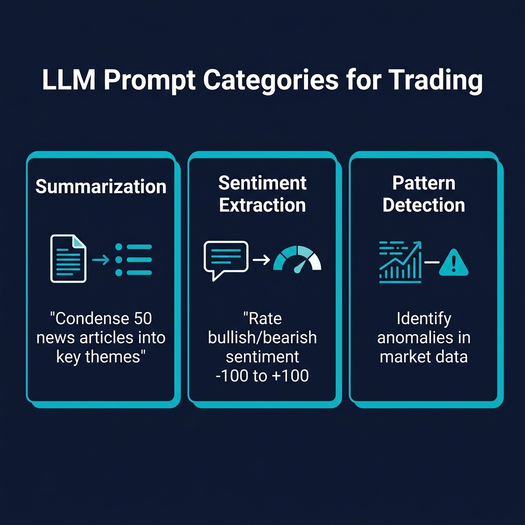 Three types of LLM trading prompts: Summarization (condense news), Sentiment Extraction (rate bullish/bearish), Pattern Detection (identify anomalies)