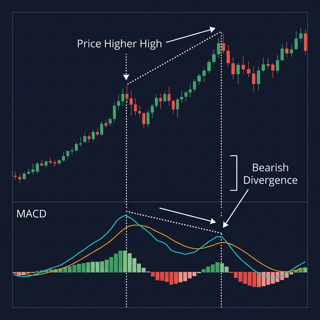 MACD histogram showing bearish divergence � price makes higher highs while MACD makes lower highs
