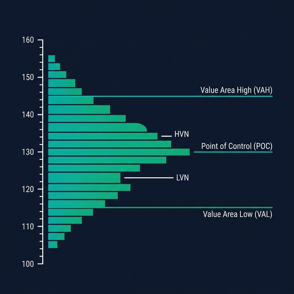 Market Profile Anatomy — POC, Value Area High/Low, HVN, LVN zones