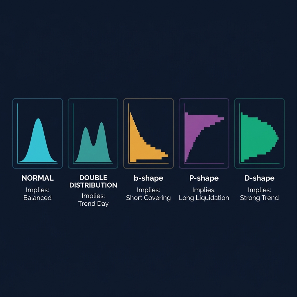 5 dạng Market Profile — Normal, Double Distribution, b-shape, P-shape, D-shape