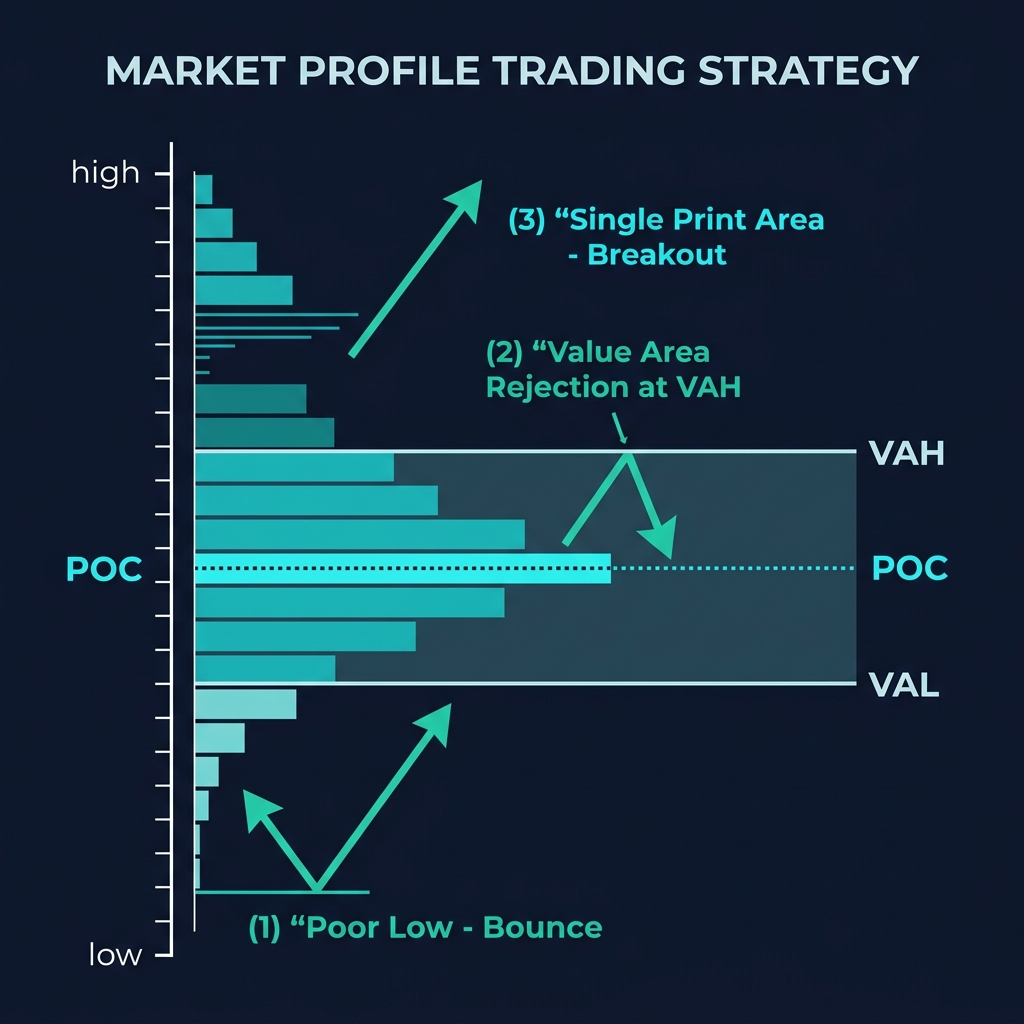 Market Profile setups — Poor Low, Value Area Rejection, Single Print breakout