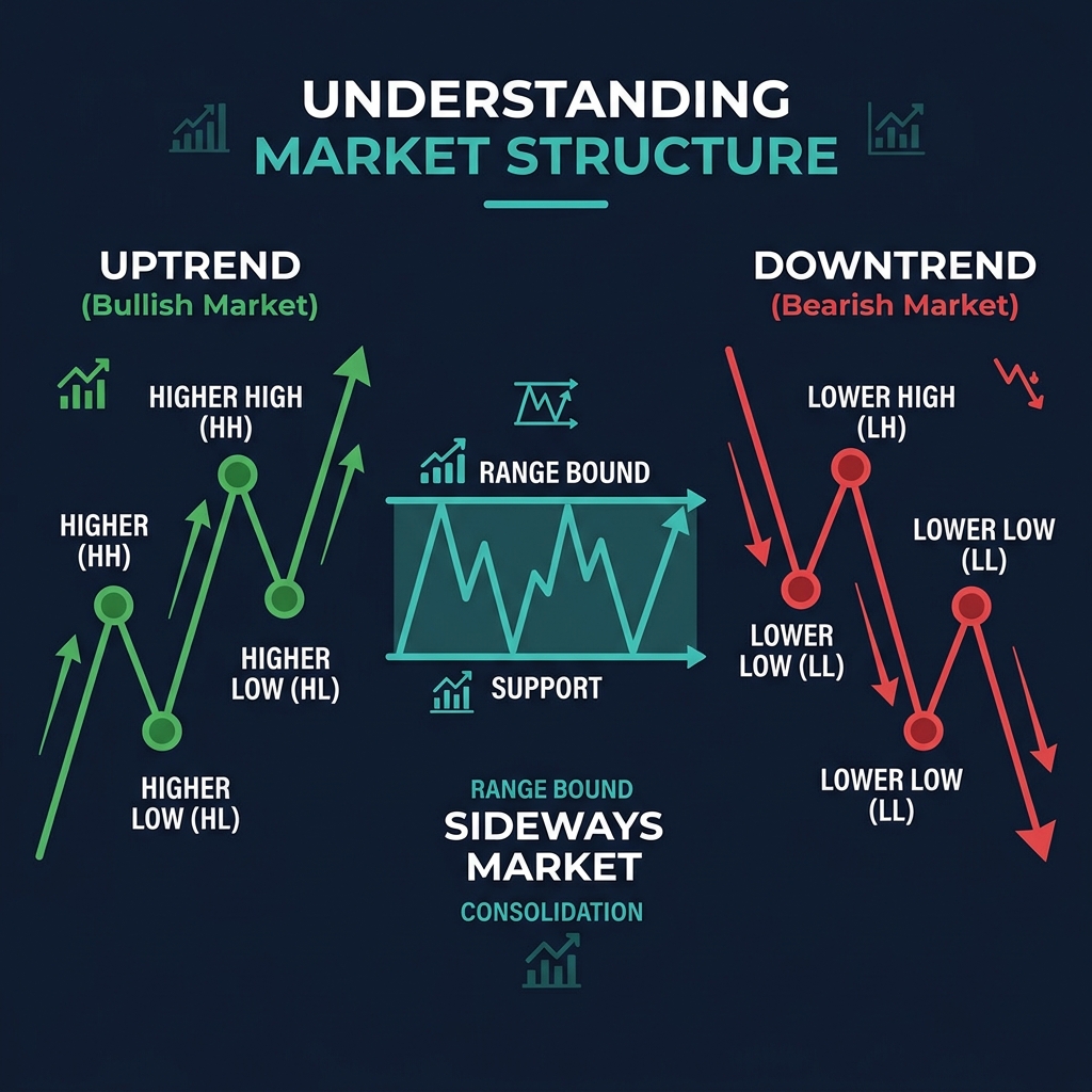 Market structure explained: Uptrend (HH/HL), Downtrend (LH/LL), and Sideways range
