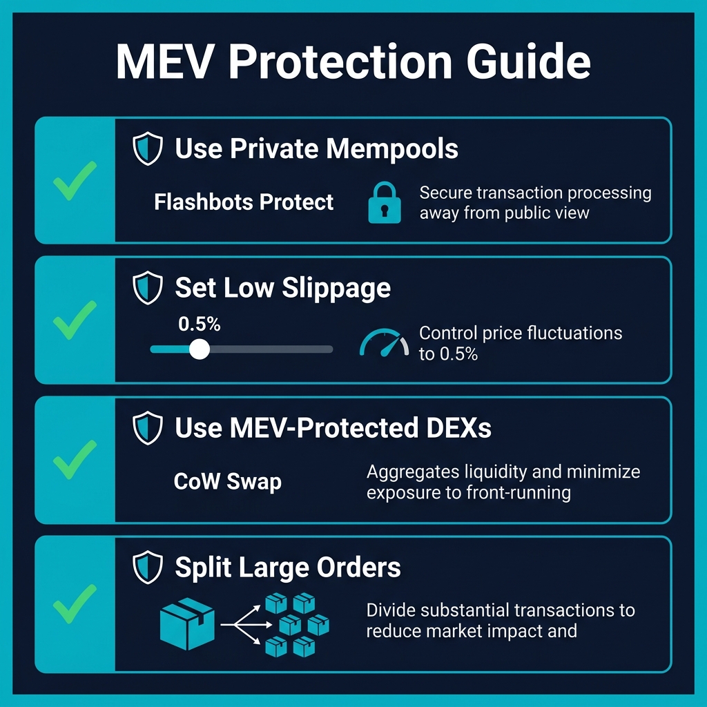 MEV Protection Guide: Use Private Mempools, Set Low Slippage, Use MEV-Protected DEXs, Split Large Orders