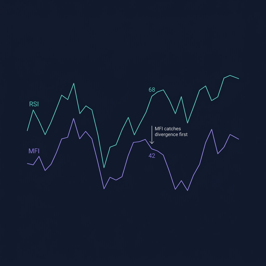 MFI and RSI side-by-side comparison — RSI reads price momentum while MFI reads volume-weighted momentum