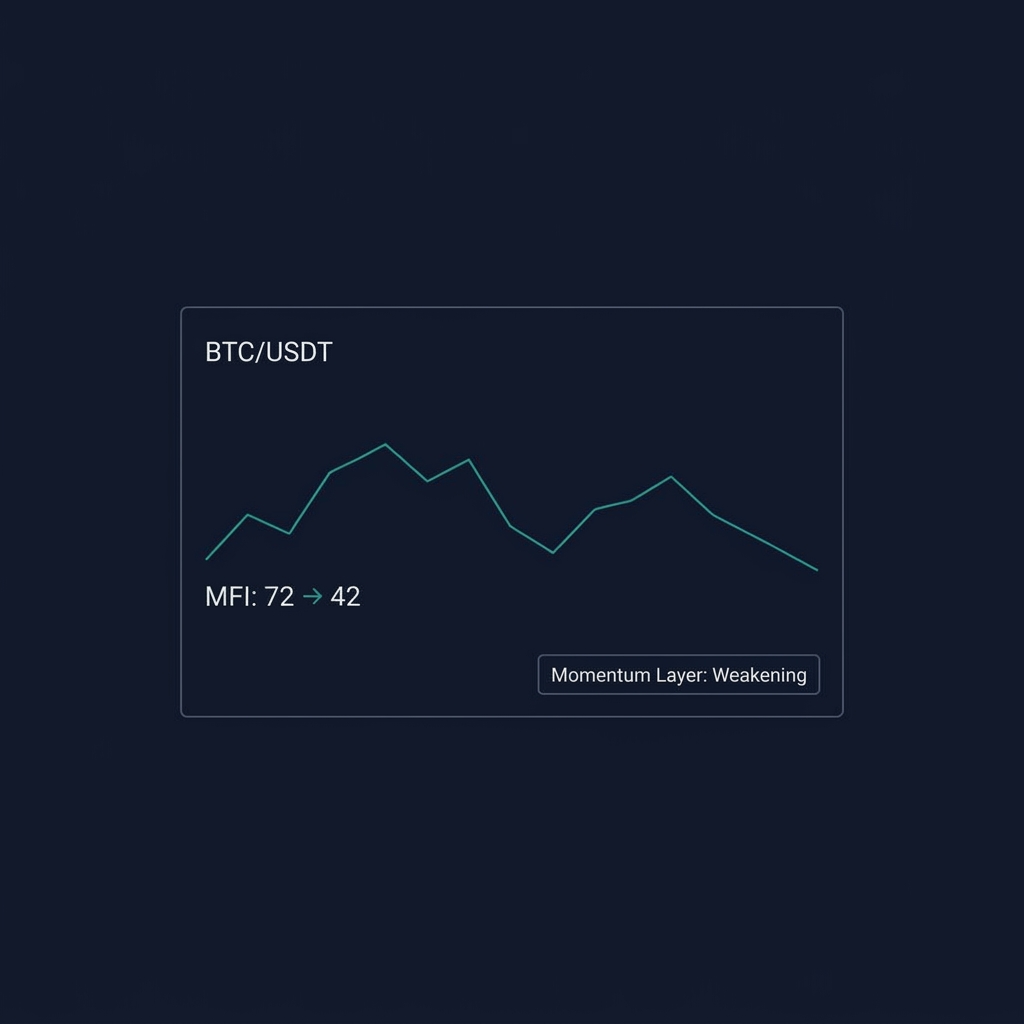 CoinXSight Deep Alpha showing BTC MFI divergence — price higher but MFI lower with declining volume