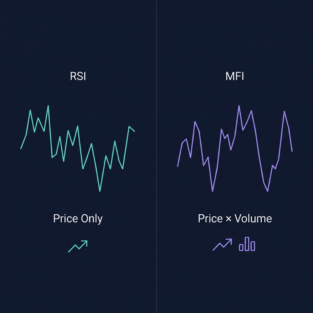 MFI overbought/oversold comparison with RSI — showing how volume weighting creates different signal timing