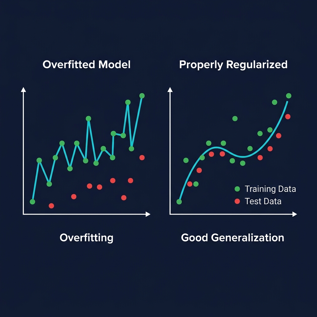 Overfitting vs Properly Regularized — model quá khớp data cũ sẽ fail trên data mới