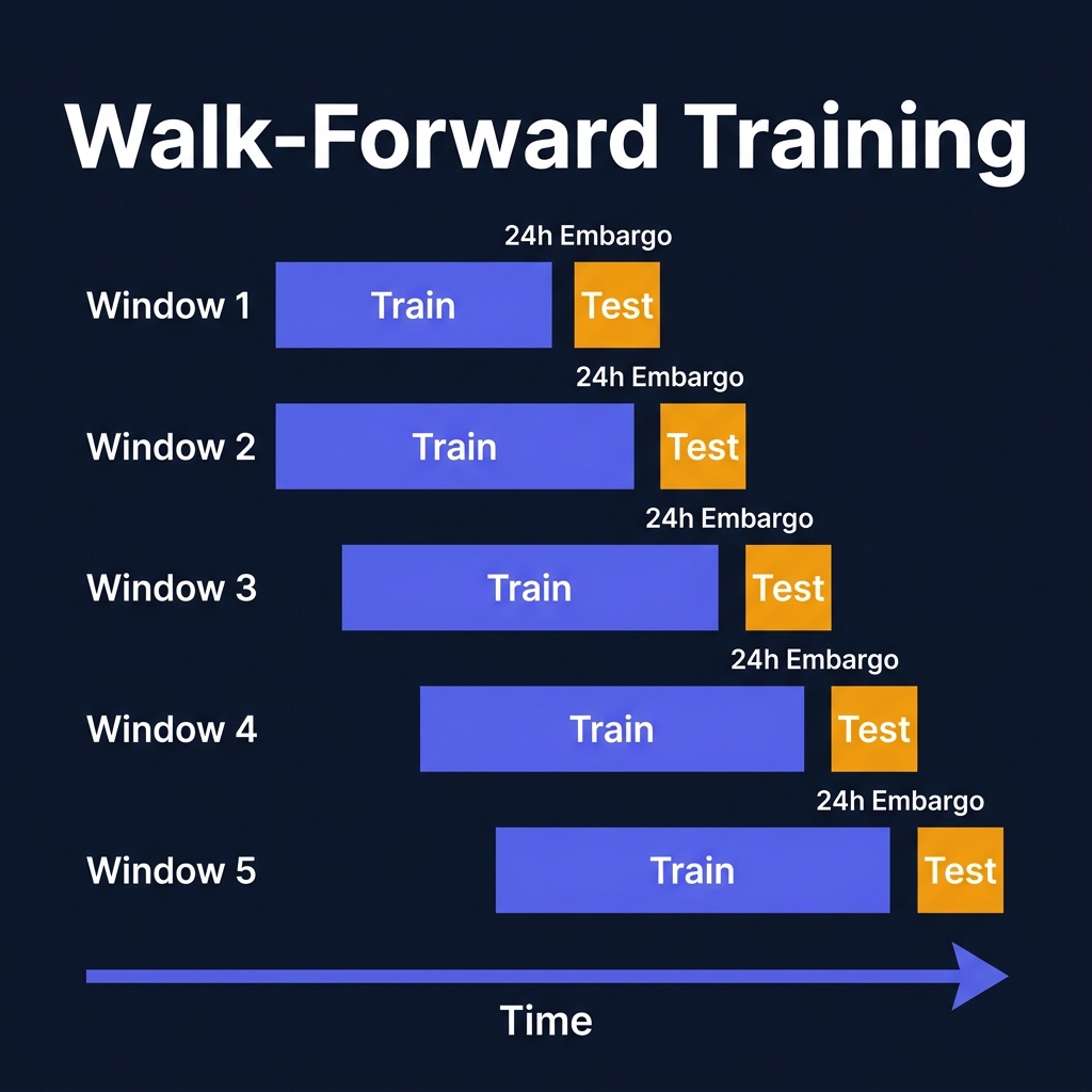 Model training workflow: data split into walk-forward folds, train on each fold, aggregate out-of-sample predictions