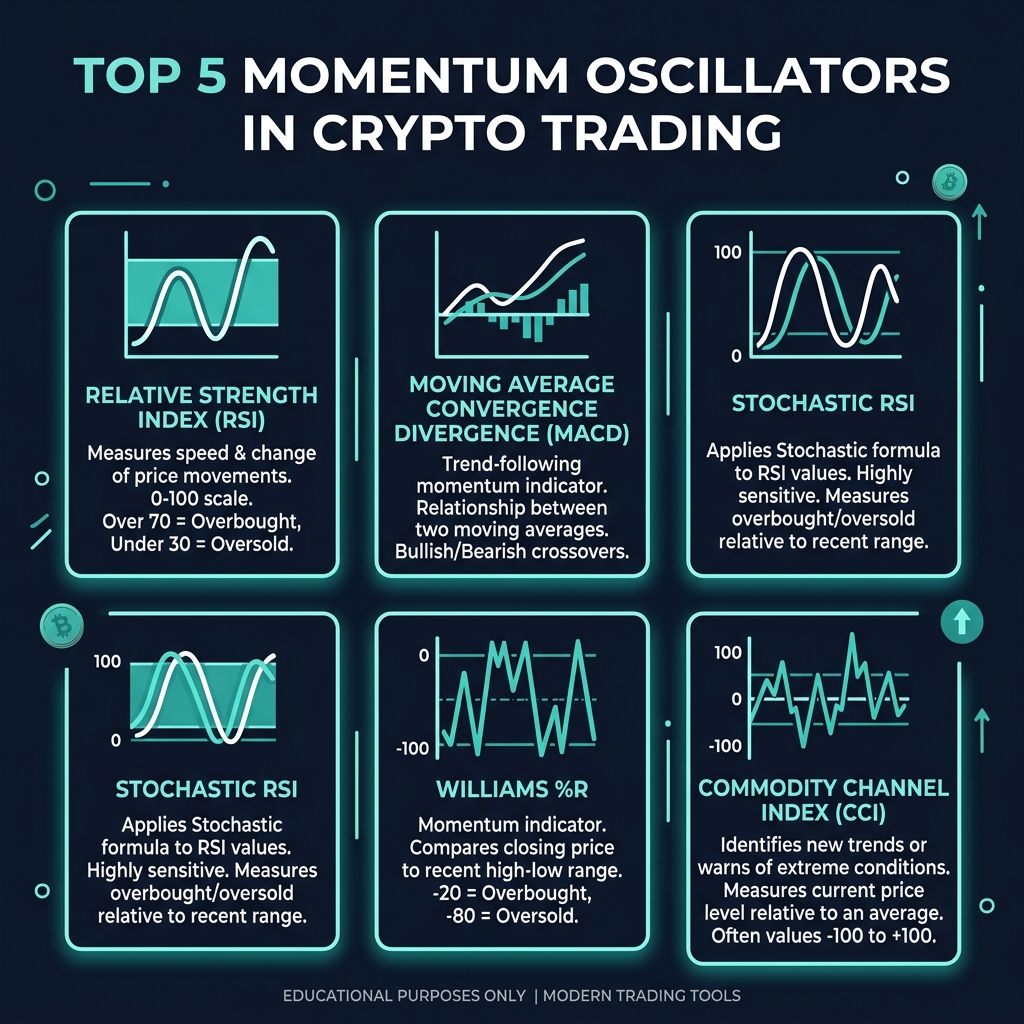 The 5 momentum oscillators: RSI, MACD, Stochastic RSI, Williams %R, and CCI