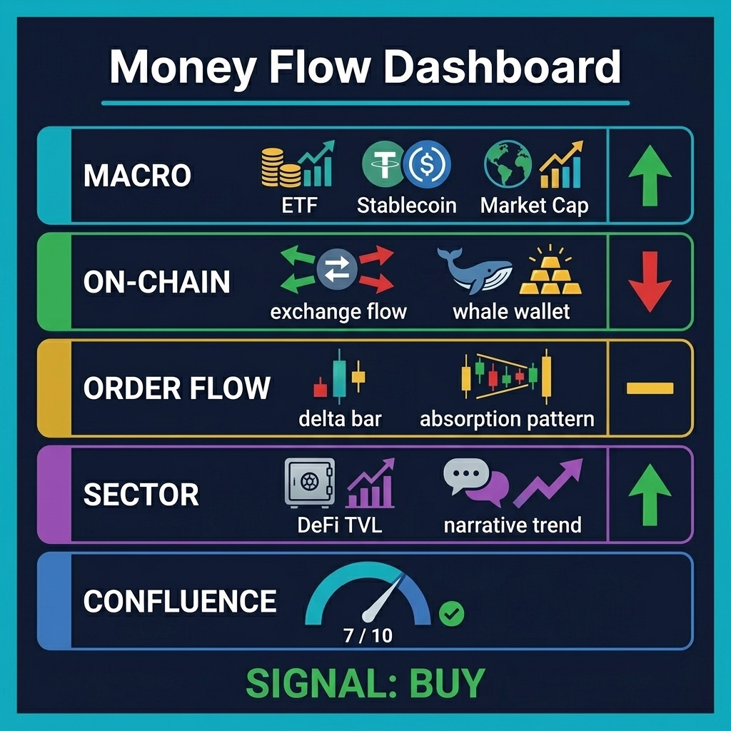 Money flow dashboard showing 5 analysis layers — macro, on-chain, order flow, sector, and confluence