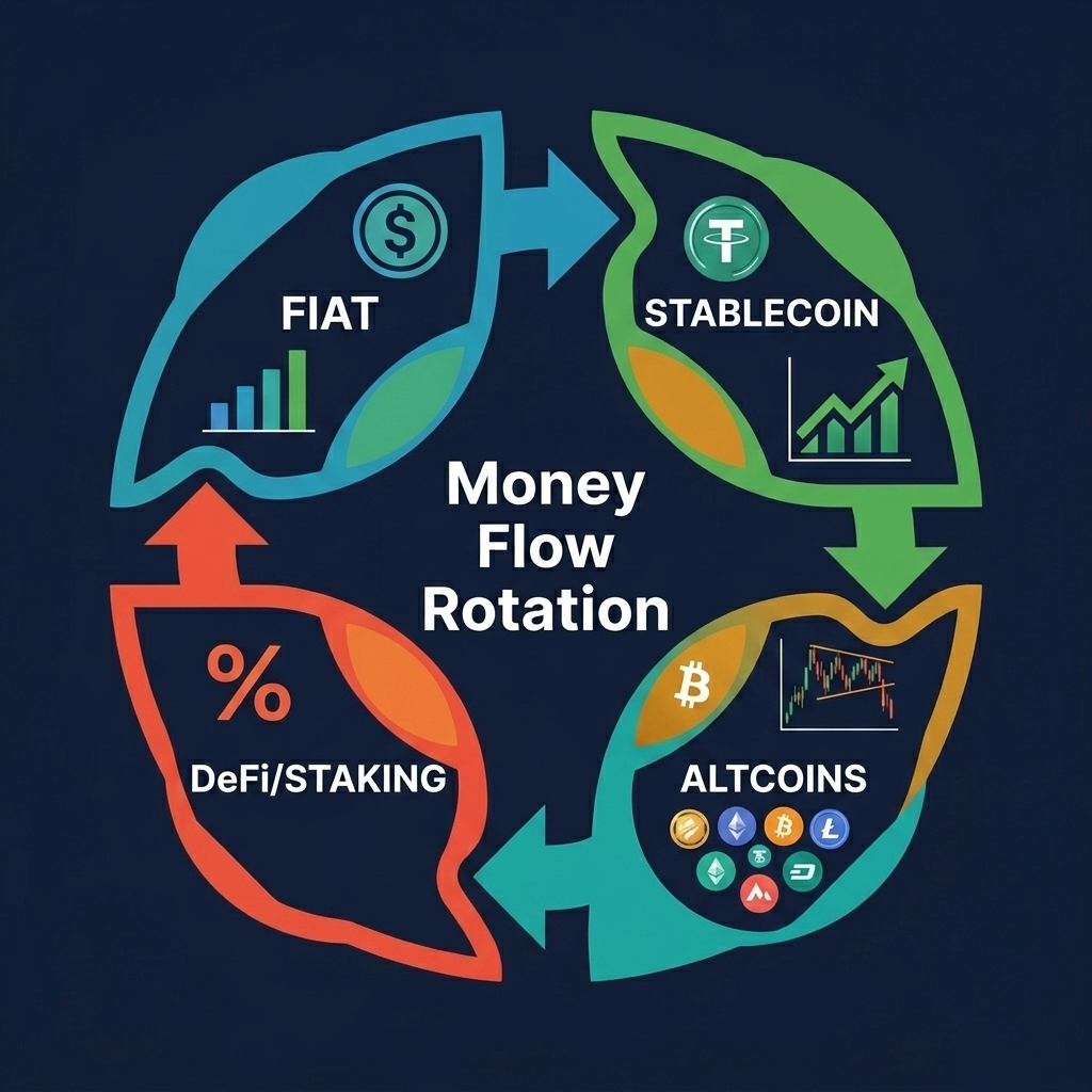 Crypto money flow rotation cycle showing capital movement from fiat to stablecoins to bitcoin to altcoins to DeFi and back