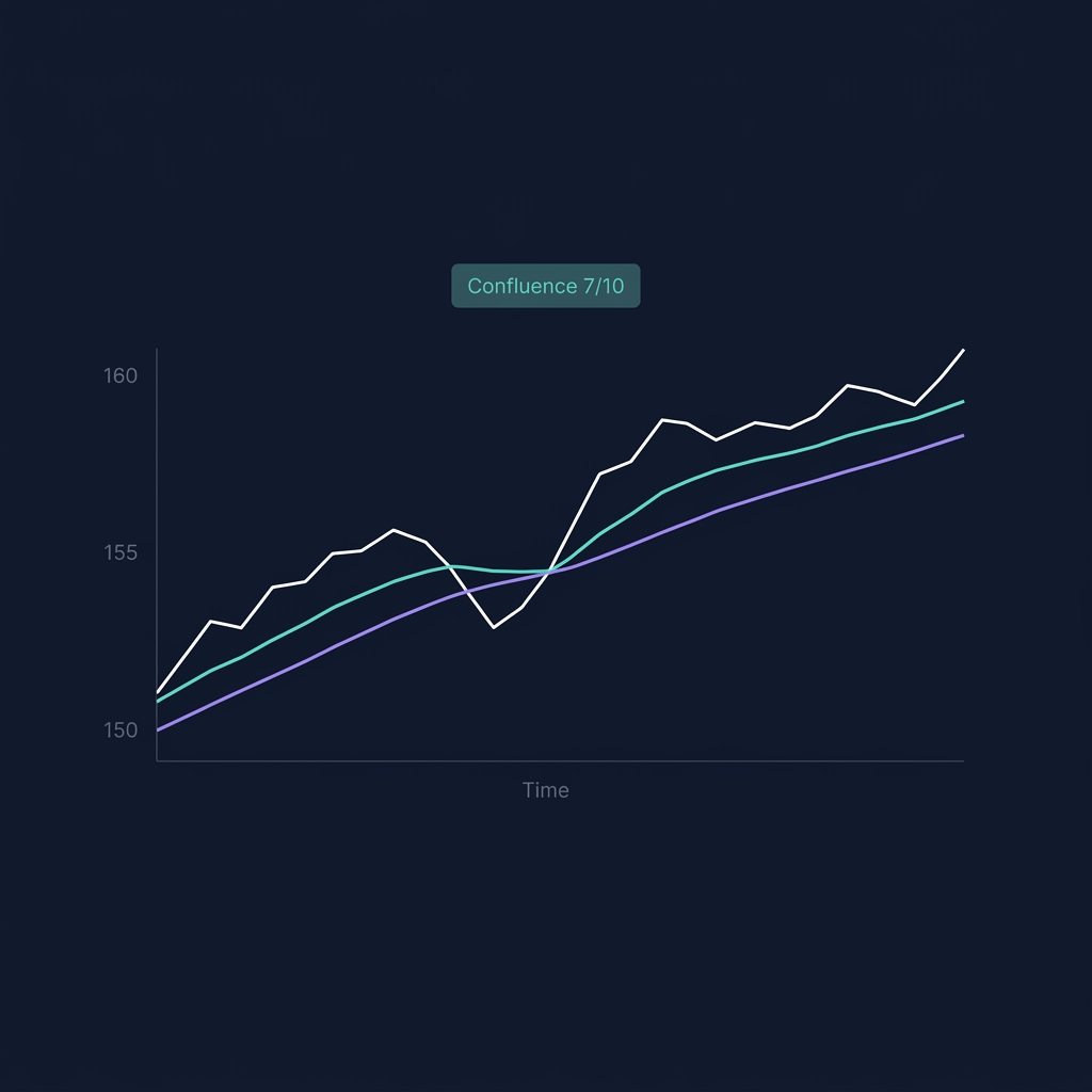 CoinXSight Chart Pro showing BTC/USDT with 50 EMA crossing above 200 EMA Golden Cross and Confluence Score 7/10