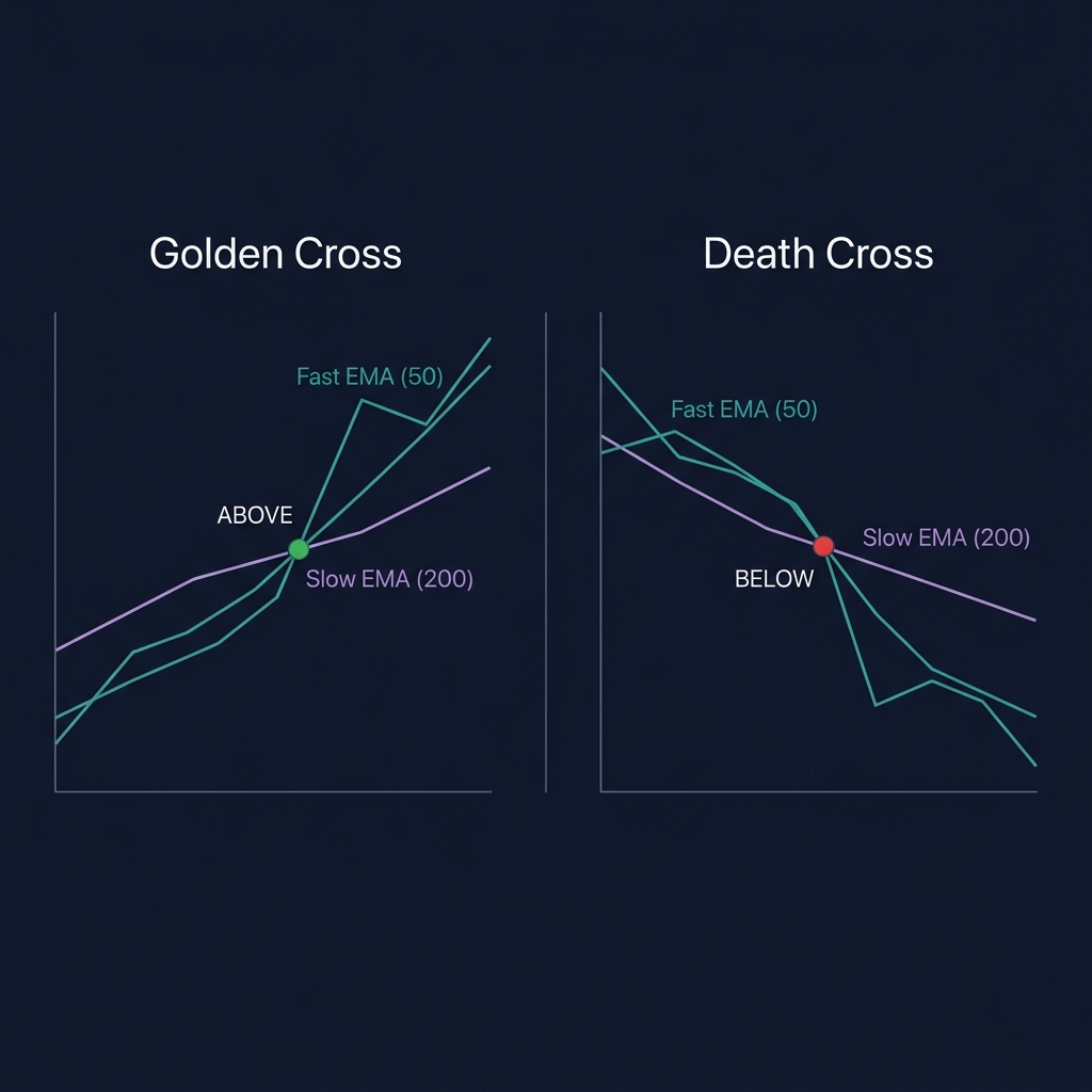 Golden Cross and Death Cross diagram — fast EMA crossing above and below slow EMA with signal dots