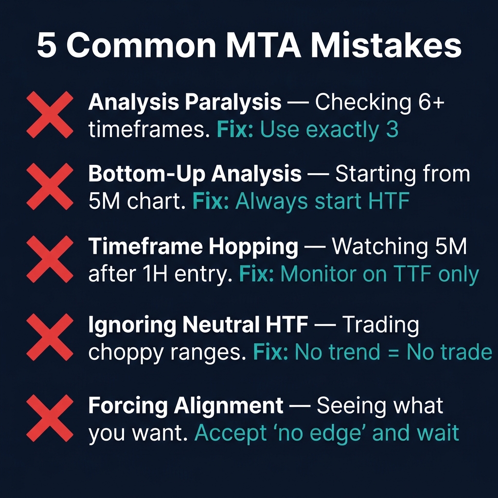 5 Common MTA Mistakes: Analysis Paralysis, Bottom-Up, Timeframe Hopping, Ignoring Neutral HTF, Forcing Alignment — with fixes