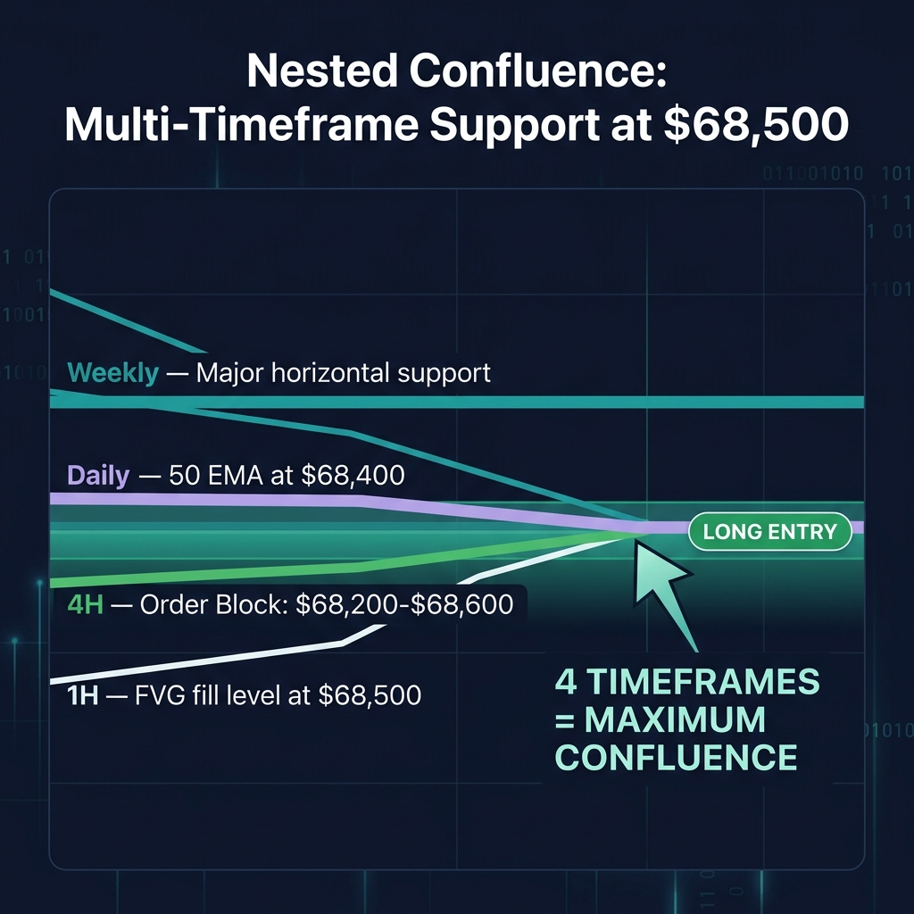 Nested Confluence: 4 timeframes (Weekly, Daily, 4H, 1H) all showing support at $68,500 = maximum probability entry