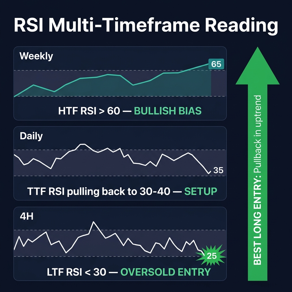 RSI Multi-Timeframe Reading: Weekly bullish (65) + Daily pullback (35) + 4H oversold (25) = Best long entry