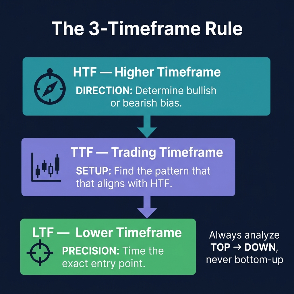 The 3-Timeframe Rule: HTF (Direction) → TTF (Setup) → LTF (Precision). Always analyze top-down.