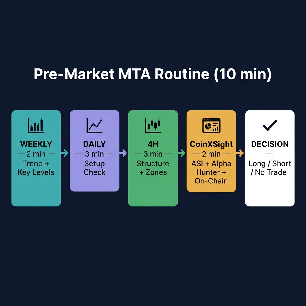 Pre-Market MTA Routine: Weekly (2 min) → Daily (3 min) → 4H (3 min) → CoinXSight (2 min) → Decision