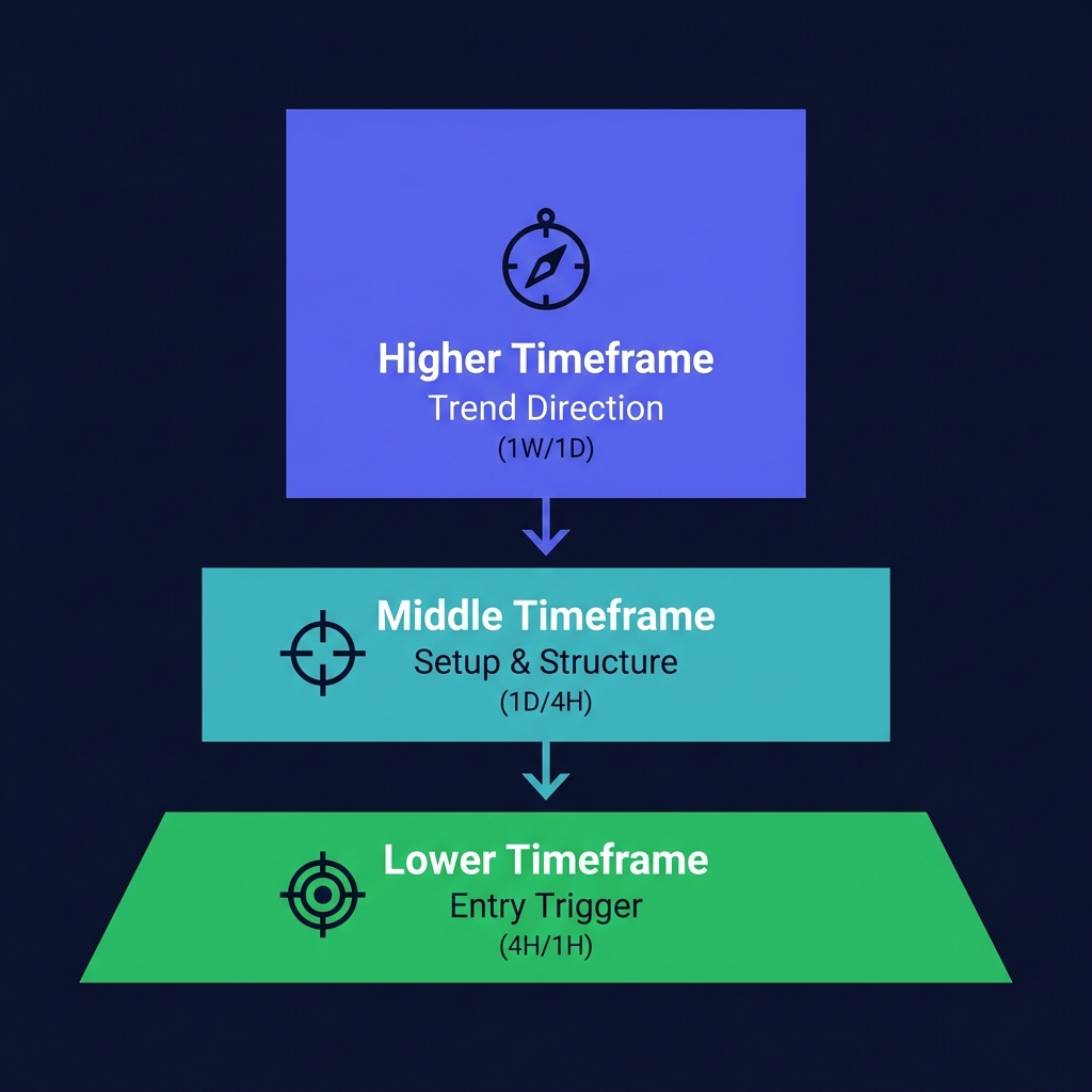 Three-level timeframe hierarchy showing higher timeframe for trend, middle for setup, lower for entry trigger in multi-timeframe analysis crypto