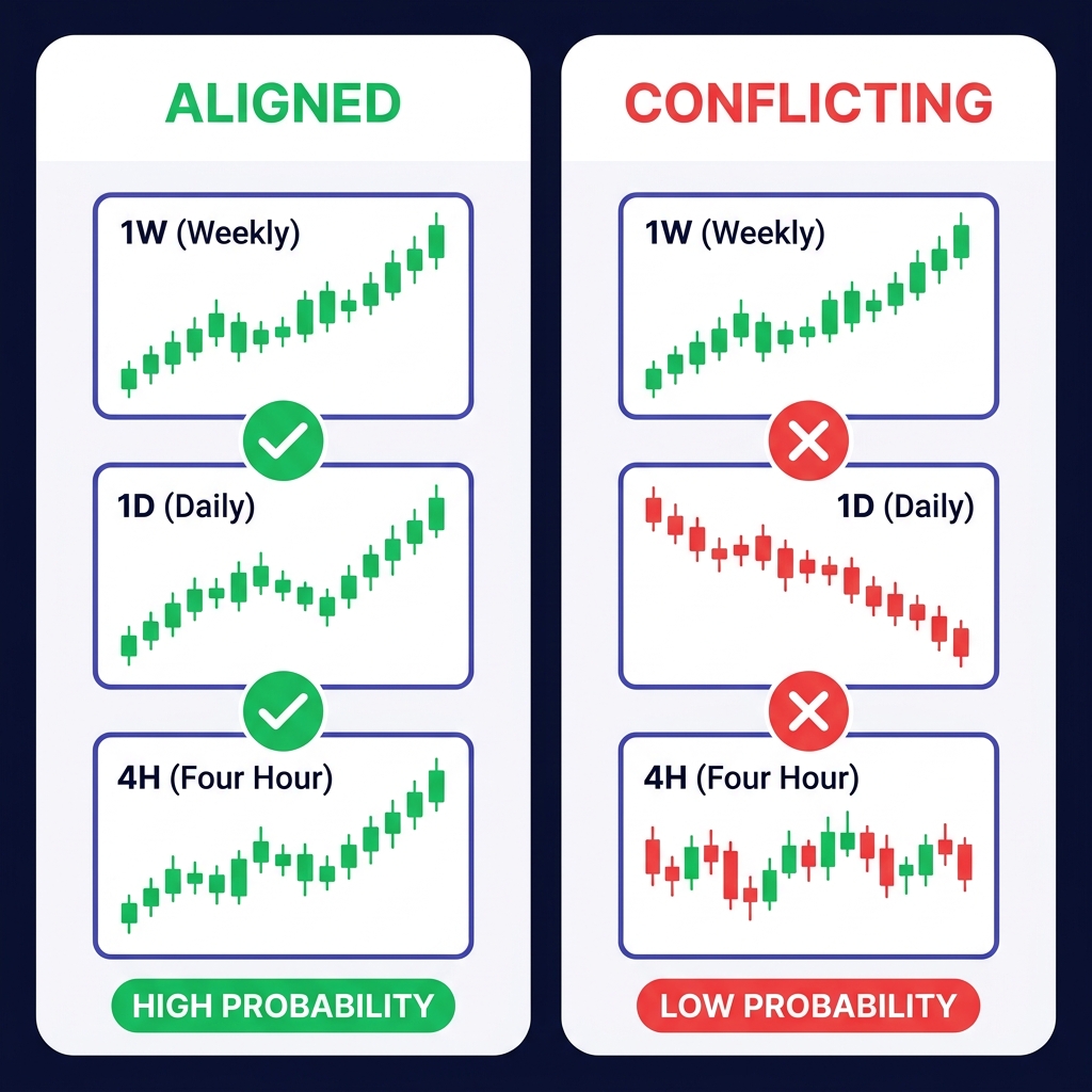 Side-by-side comparison showing aligned timeframes with high probability versus conflicting timeframes with low probability