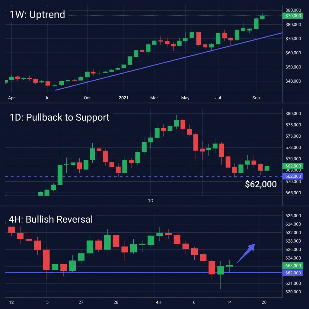 BTC multi-timeframe example showing weekly uptrend, daily pullback to support at $62,000, and 4H bullish reversal candle entry