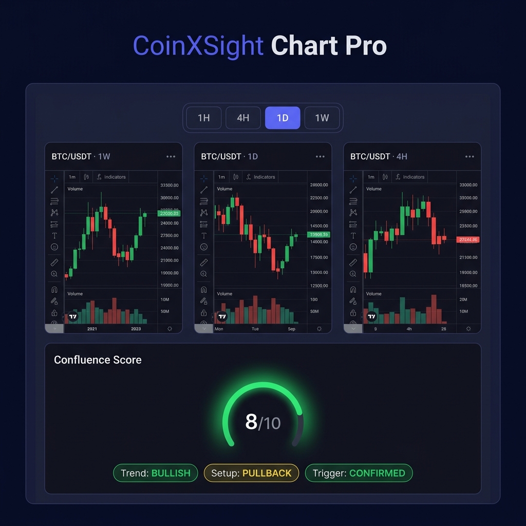 CoinXSight Chart Pro module showing multi-timeframe confluence view with BTC/USDT across weekly, daily, and 4H charts with confluence scoring gauge