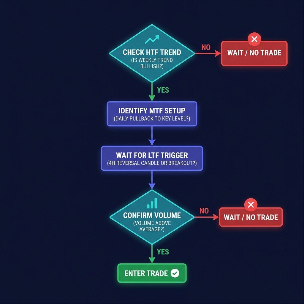Decision flowchart for multi-timeframe entry showing sequential checks from HTF trend to MTF setup to LTF trigger to volume confirmation