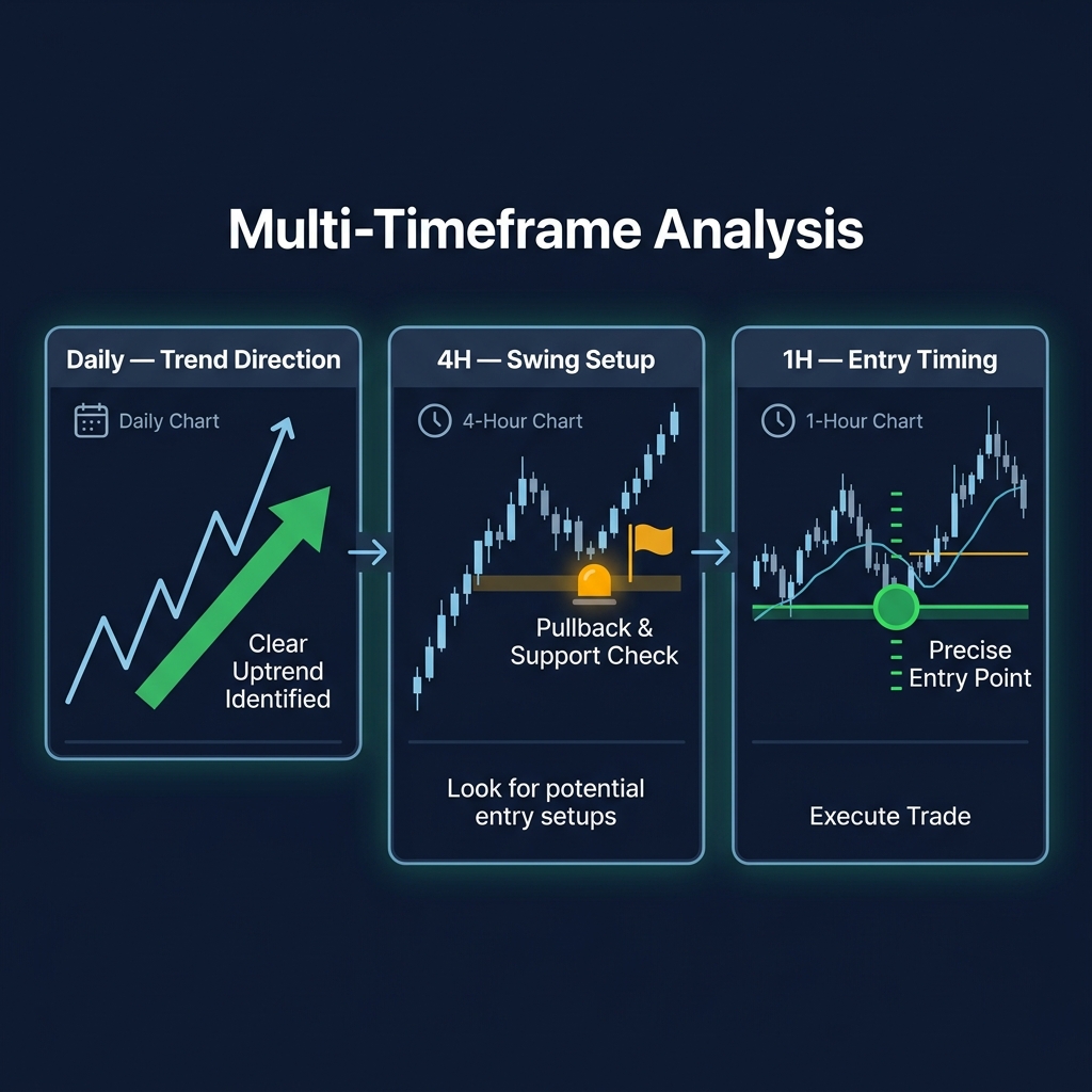 Multi-timeframe analysis with Daily trend direction, 4H swing setup, and 1H entry timing aligned