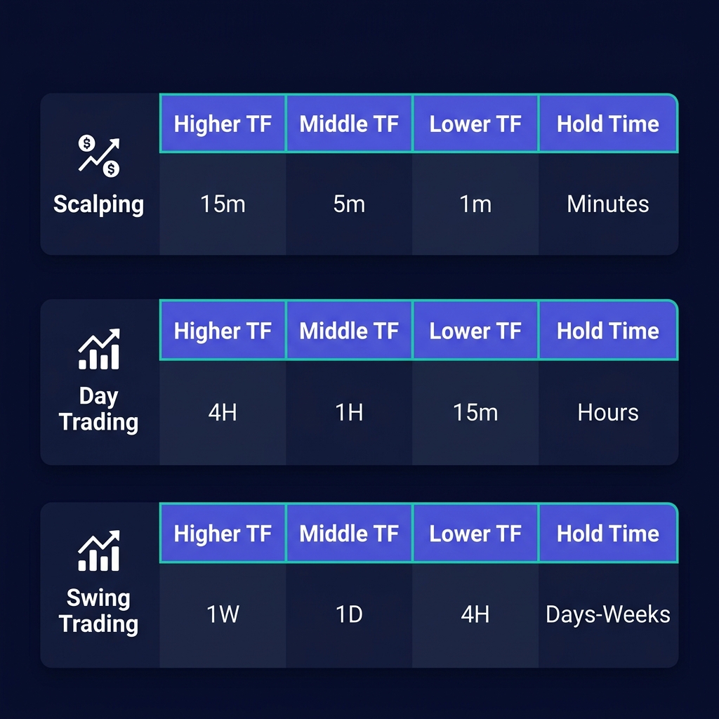 Recommended timeframe pairs for scalping, day trading, and swing trading crypto styles