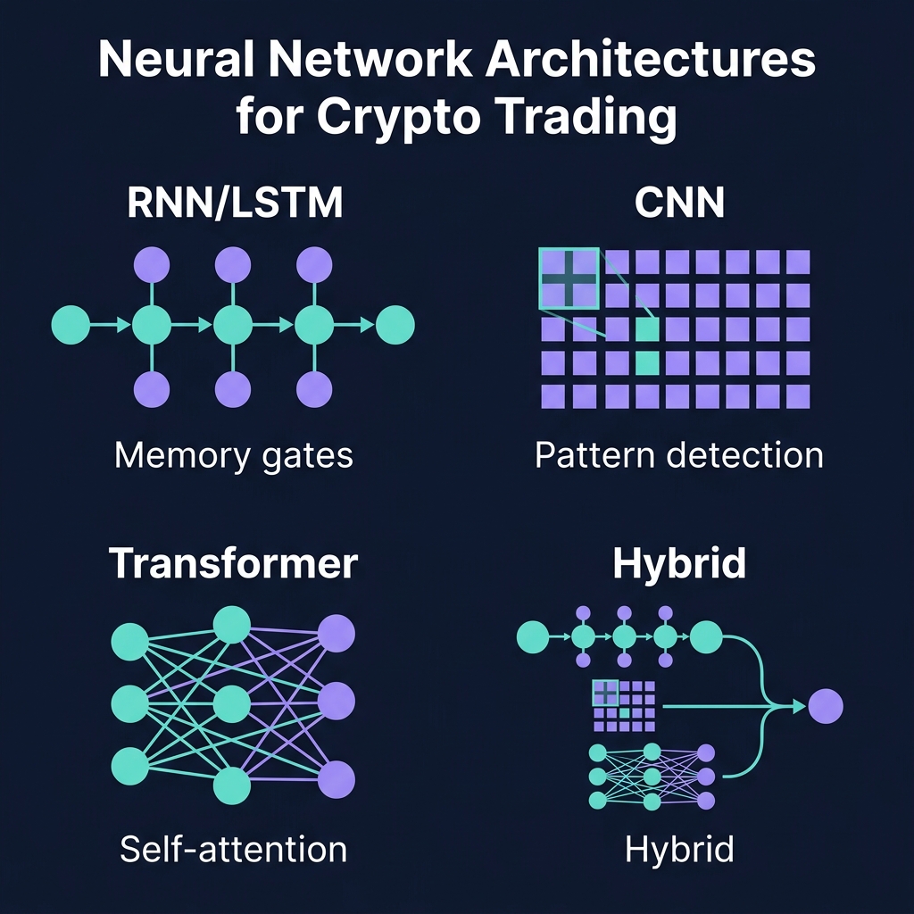 Four neural network architectures compared: RNN/LSTM (memory gates), CNN (pattern detection), Transformer (self-attention), and Hybrid (combined approach)