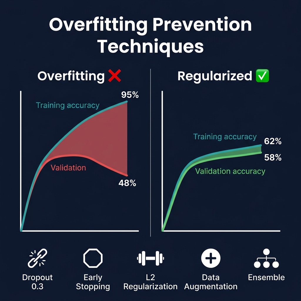Overfitting vs Regularized comparison: Left shows training 95% / validation 48% diverging; Right shows training 62% / validation 58% staying close with prevention techniques