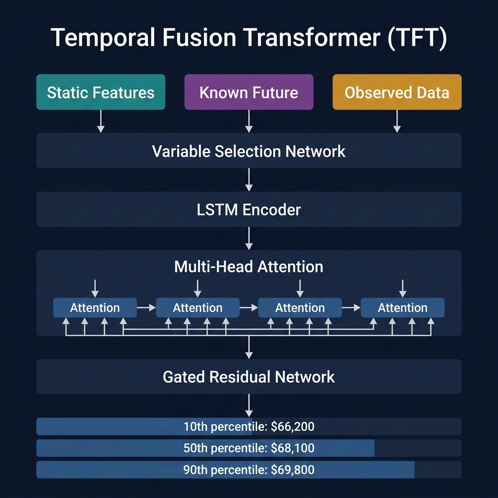 TFT architecture: Static Features, Known Future, Observed Data feeding through Variable Selection, LSTM Encoder, Multi-Head Attention, Gated Residual Network to quantile output