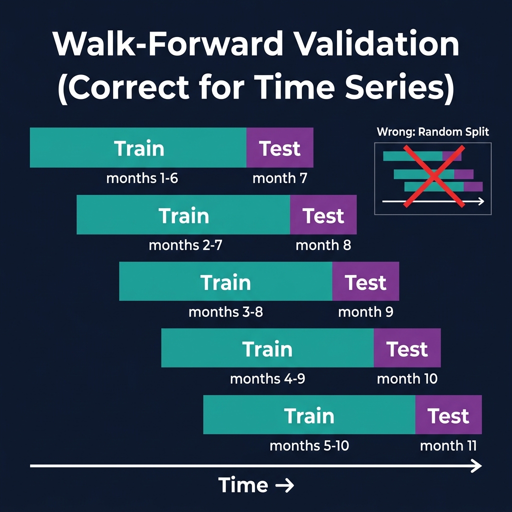 Walk-forward validation diagram: 5 sliding train/test windows shifting through time, with 'Wrong: Random Split' crossed out