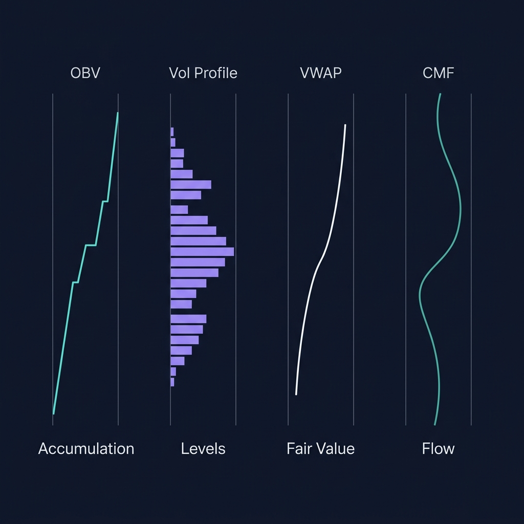 Volume indicators comparison — OBV cumulative line vs Volume Profile bars vs VWAP average line vs CMF oscillator