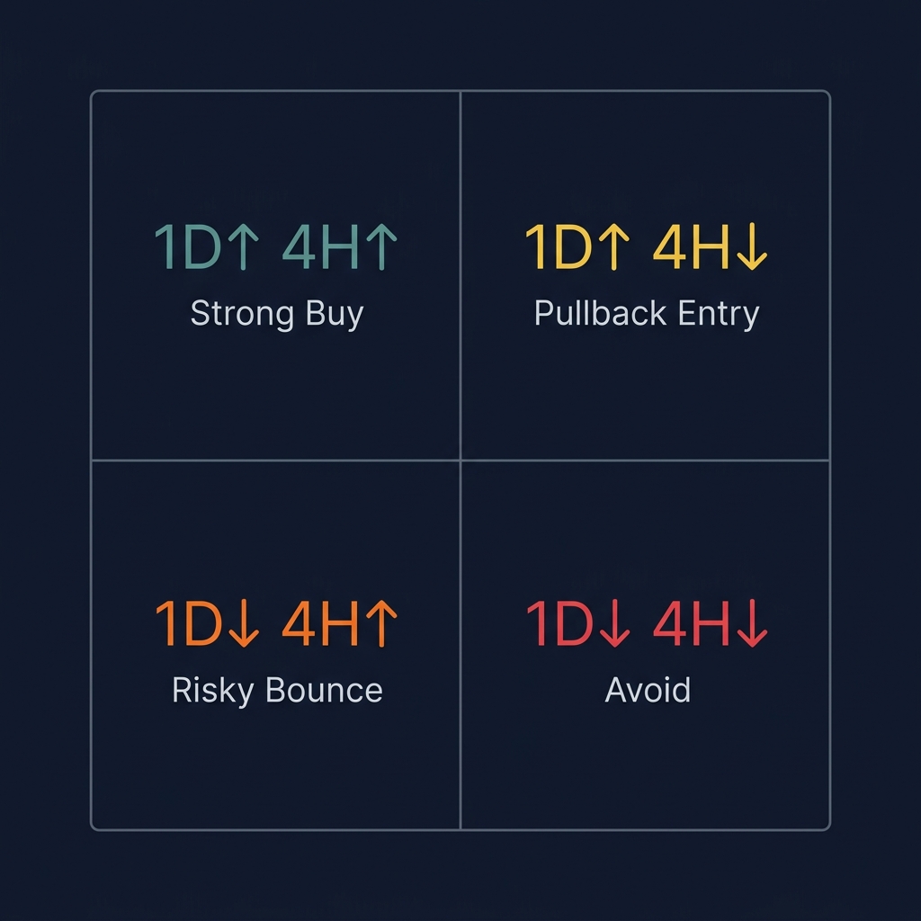 Multi-timeframe OBV analysis matrix — 2x2 grid showing signal interpretation when 1D and 4H OBV directions combine