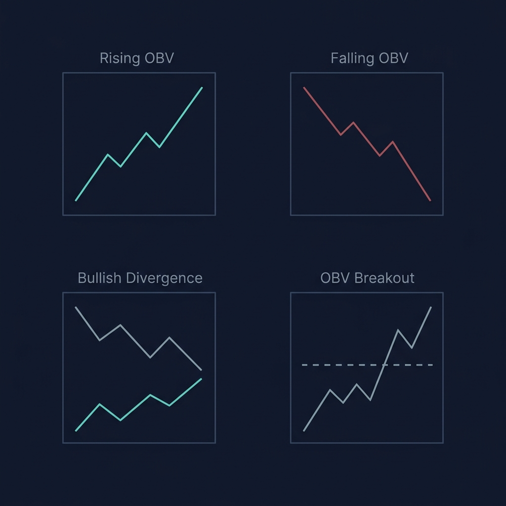 OBV signal types infographic — rising OBV for accumulation, falling OBV for distribution, bullish divergence, and OBV breakout patterns