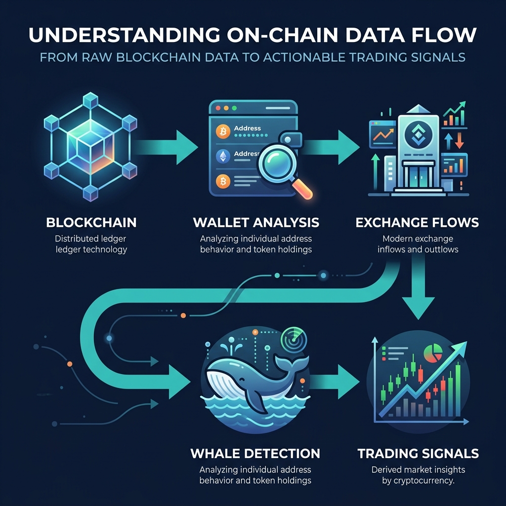 On-chain data pipeline: Blockchain → Wallet Analysis → Exchange Flows → Whale Detection → Trading Signals