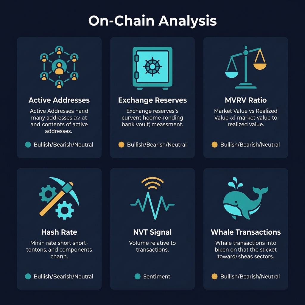6 on-chain metrics cần biết — Active Addresses, Exchange Reserves, MVRV, Hash Rate, NVT, Whale