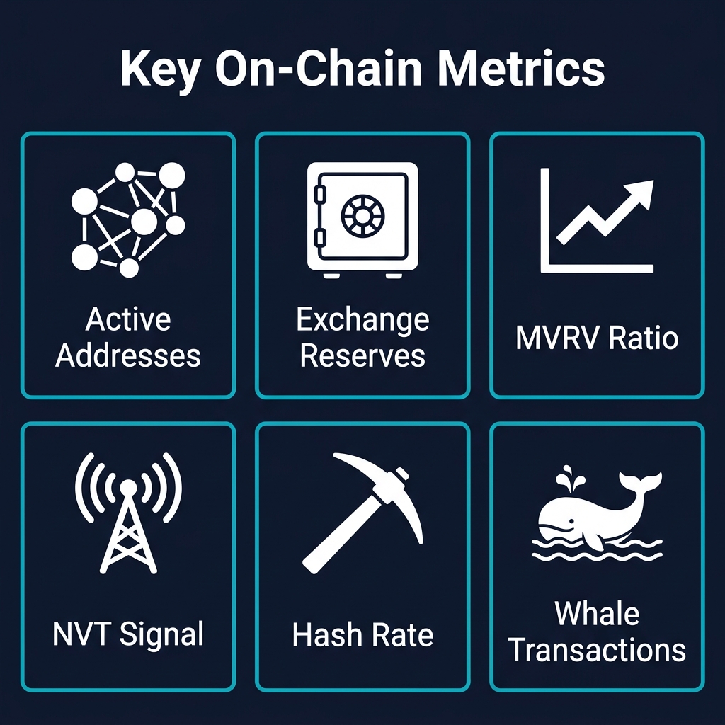 Key on-chain metrics grid: Active Addresses, Exchange Reserves, MVRV Ratio, NVT Signal, Hash Rate