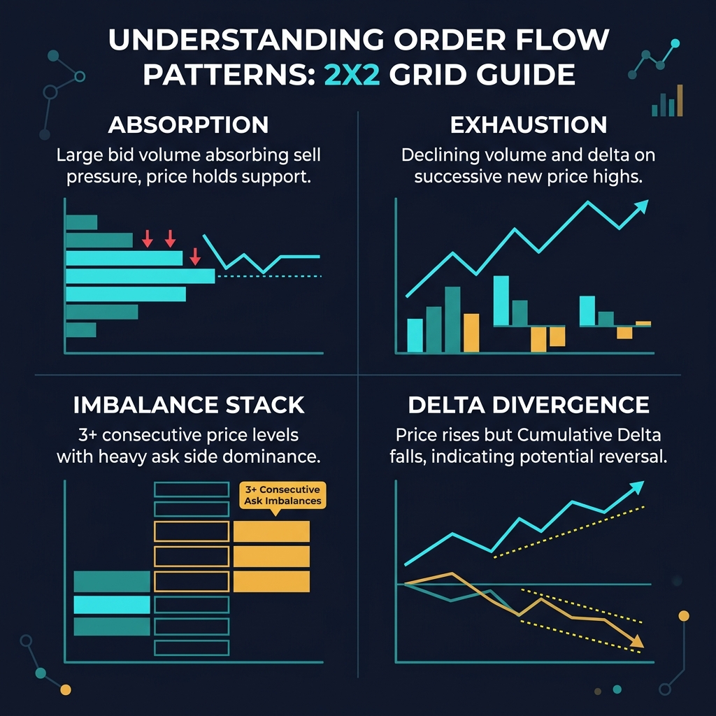 4 mẫu hình Order Flow — Absorption, Exhaustion, Imbalance Stack, Delta Divergence