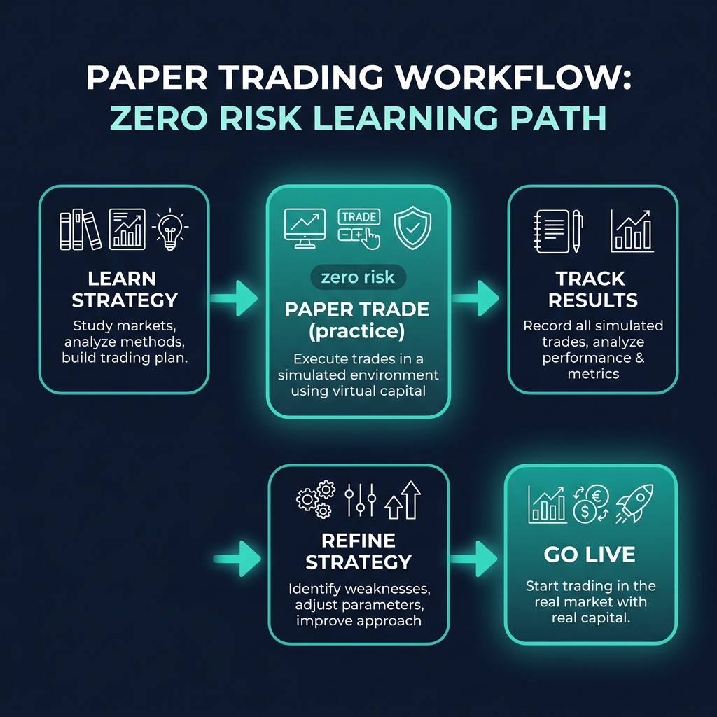 Paper trading workflow: Learn Strategy → Paper Trade → Track Results → Refine Strategy → Go Live