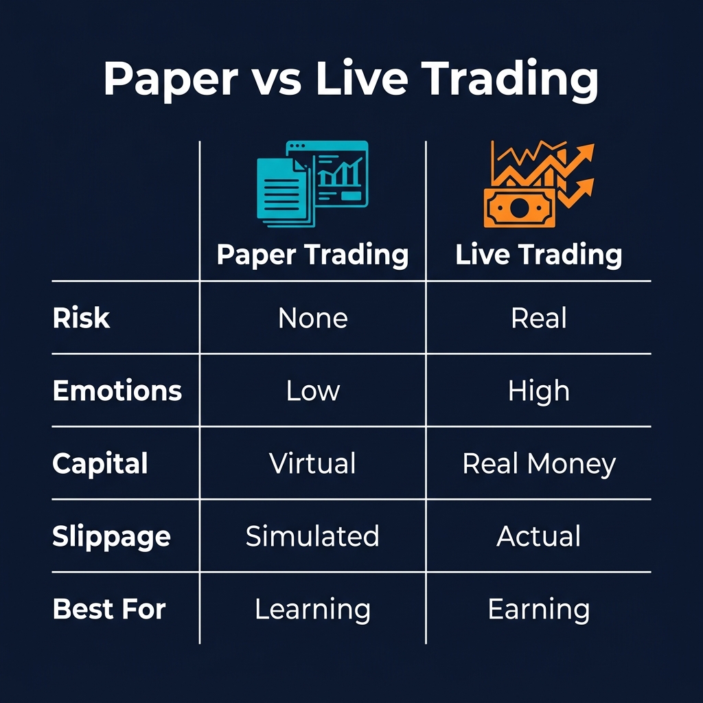 Paper Trading vs Live Trading comparison: Risk, Emotions, Capital, Execution, Slippage, and Learning Value compared